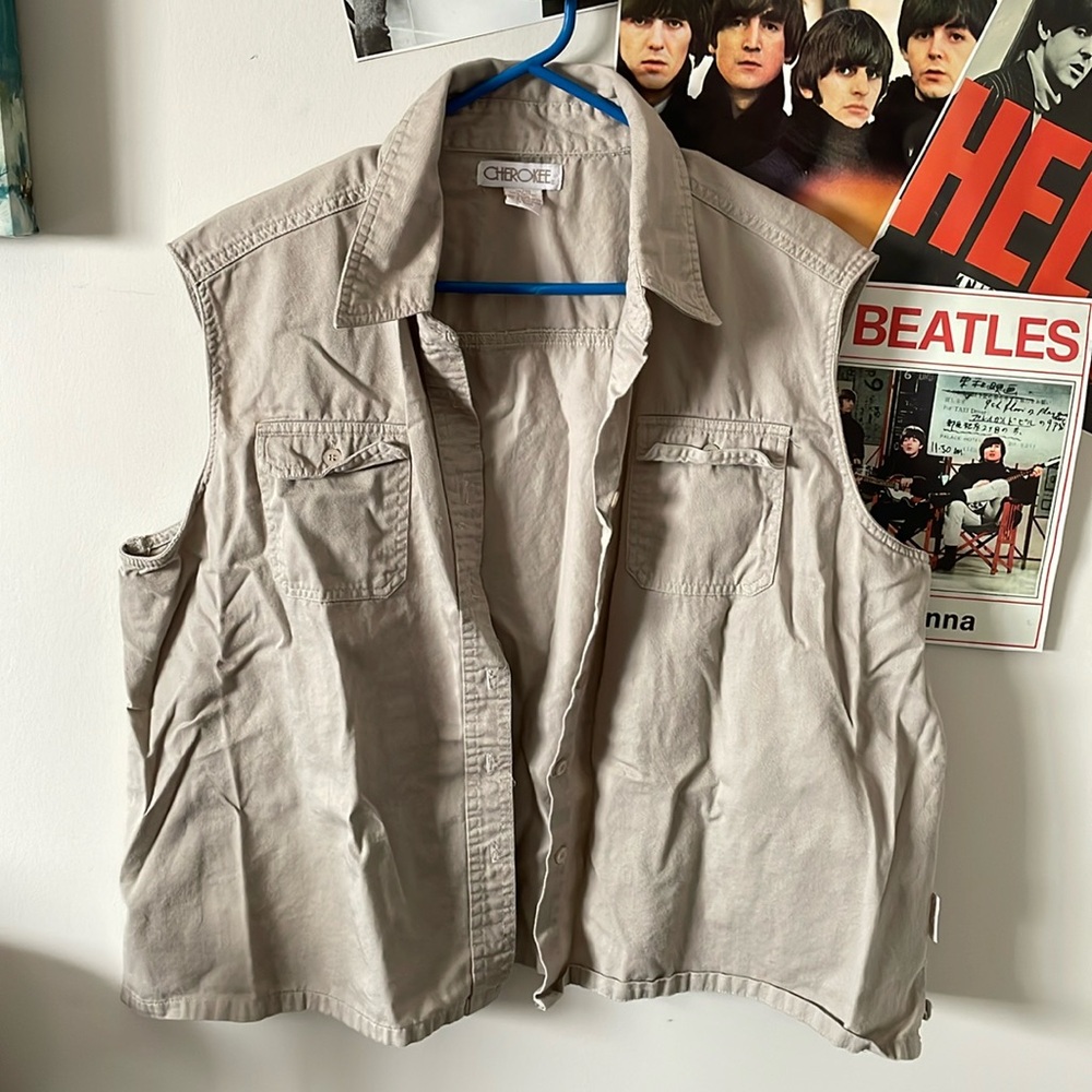 Sleeveless Beige Button-Up Shirt
